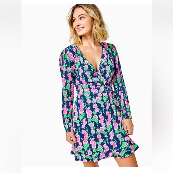 Lilly Pulitzer Mirelle Oyster Bay Navy De Vine Ruffle Wrap...